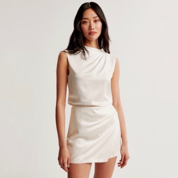 Abercrombie & Fitch Satin Draped High Neck Champagne Mini Dress Size Large Tall - Picture 1 of 7